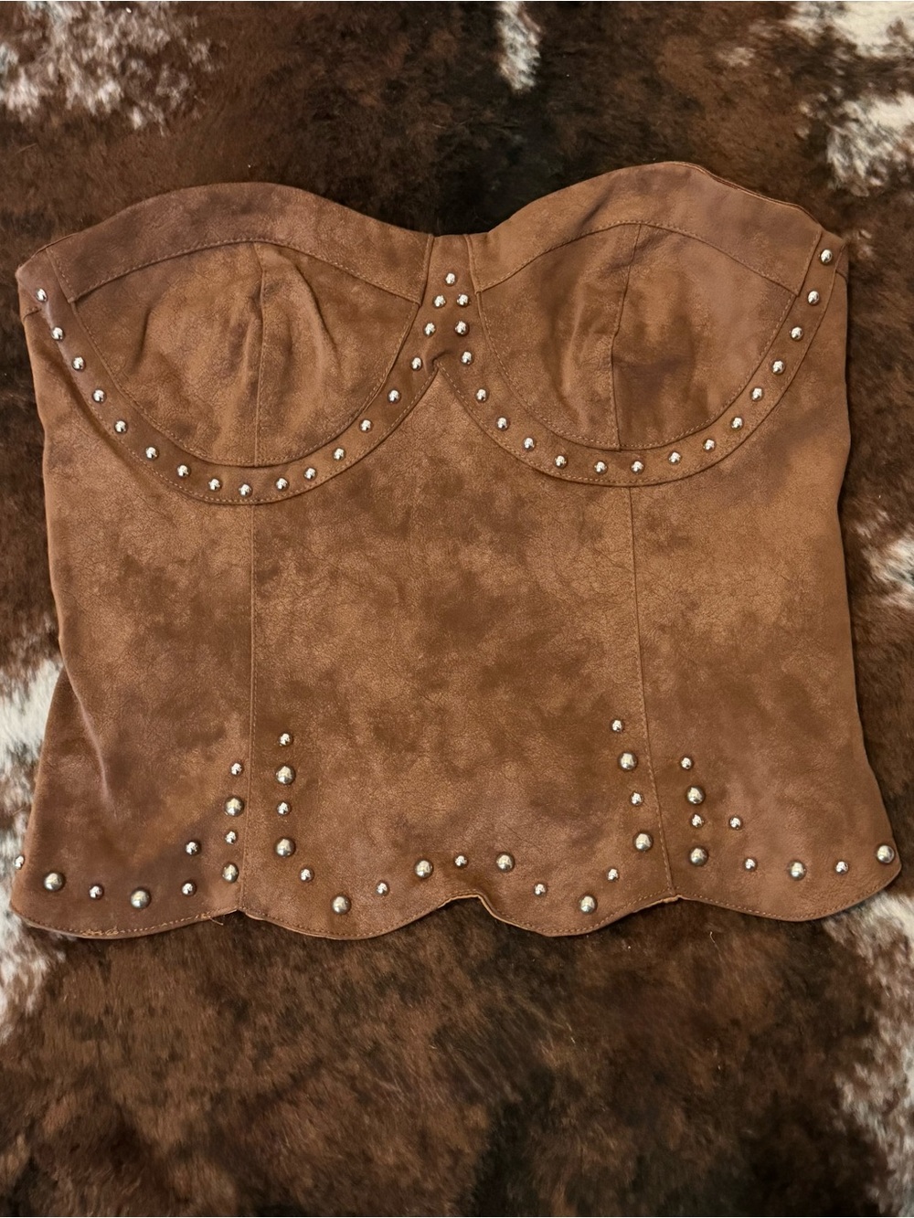 Brown Studded Faux Suede Strapless Bustier Top - Small